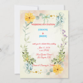 Romantic Watercolor Pink & Yellow Flower Wedding Inbjudningar