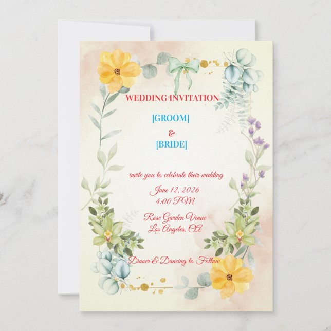 Romantic Watercolor Pink & Yellow Flower Wedding  Inbjudningar (Framsida)