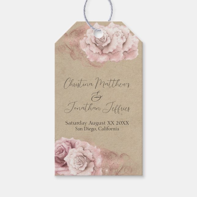 Romantic Watercolor Ro Rustic Glam Bröllop Presentetikett (Framsidan)