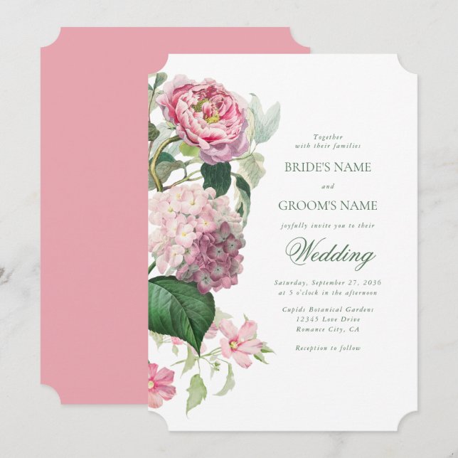 Romantic Watercolor Rosa Flowers Garden Wedding Inbjudningar (Fram/baksida)