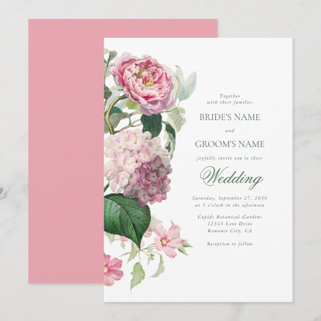 Romantic Watercolor Rosa Flowers Garden Wedding Inbjudningar (Fram/baksida)