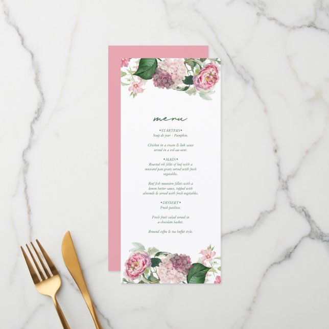 Romantic Watercolor Rosa Flowers Garden Wedding Meny (Fram/Back In Situ)