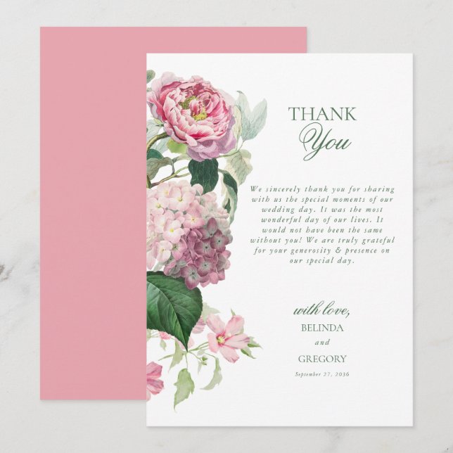 Romantic Watercolor Rosa Flowers Garden Wedding Tack Kort (Fram/baksida)