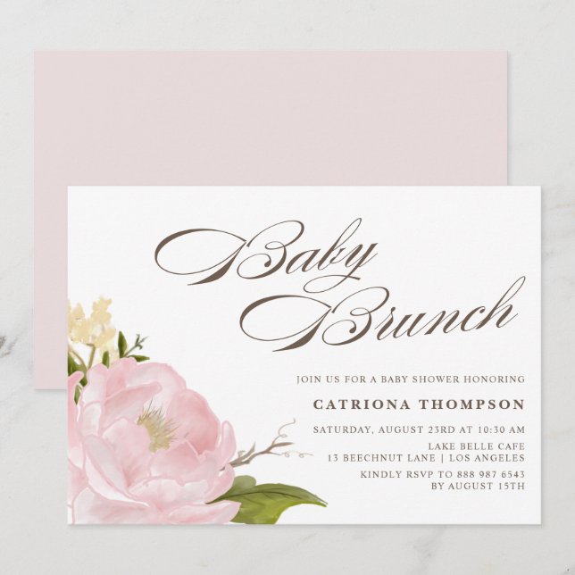 Romantic Watercolor  Rosa Peony Baby Brunch Inbjudningar (Fram/baksida)