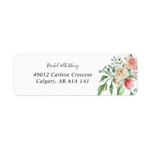 Romantic Watercolor Rosa ros Bouquet Elegant Returadress Etikett