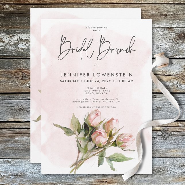 Romantic Watercolor Rosa ros Möhippa Brunch Inbjudningar (Romantic Watercolor Pink Roses Bridal Brunch Invitation)