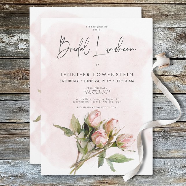 Romantic Watercolor Rosa ros Möhippa Luncheon Inbjudningar (Romantic Watercolor Pink Roses Bridal Luncheon Invitation)