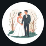 Romantic Wedding Couple Sticker Runt Klistermärke<br><div class="desc">Adorable illustration of a bride and groom holding hands,  perfect for adding a personalized touch to your wedding album or decor.</div>