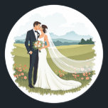 Romantic Wedding Kiss Sticker Runt Klistermärke<br><div class="desc">Adorable illustration of a newlywed couple kissing in a field,  perfect for wedding celebrations and romantic occasions.</div>