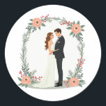 Romantic Wedding Moment Sticker Runt Klistermärke<br><div class="desc">Elegant sticker featuring a bride and groom in a loving embrace,  surrounded by floral arches,  perfect for wedding decor or romantic notes.</div>