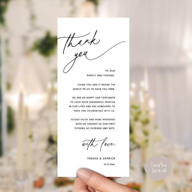 Romantic Wedding Reception Dinner Thank You Card Program (Romantic Wedding Reception Dinner Thank You Card in Black and White)