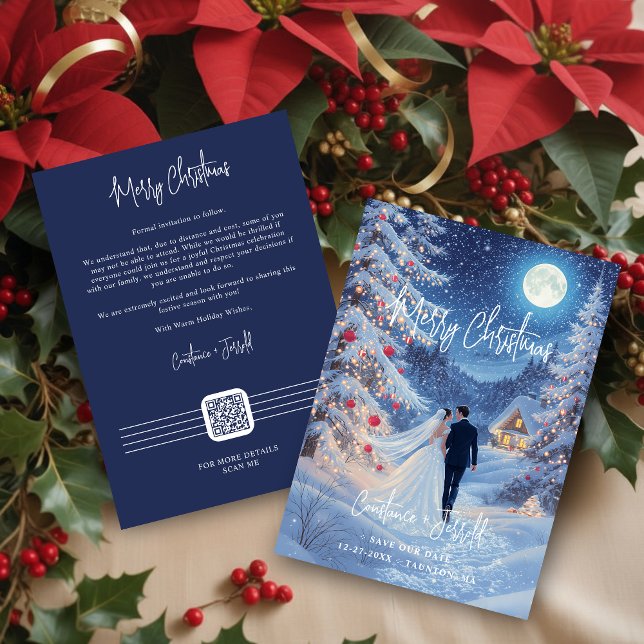 Romantic Wedding Scene Toward Christmas Cabin Spara Datumet (Bride and Groom in a Mystical Romantic Forest on the Way to Christmas Cabin Save the Date with QR.)