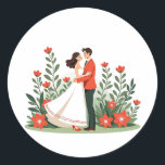 Romantic Wedding Sticker Runt Klistermärke<br><div class="desc">A charming illustration of a bride and groom kissing,  surrounded by lush red flowers,  perfect for wedding decorations and personalizing gifts.</div>