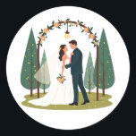 Romantic Wedding Sticker Runt Klistermärke<br><div class="desc">Elegant illustration of a bride and groom under a floral arch perfect for wedding celebrations.</div>