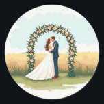 Romantic Wedding Sticker Runt Klistermärke<br><div class="desc">Elegant digital illustration of a newlywed couple under a floral arch,  perfect for adding a special touch to your wedding memories and messages.</div>