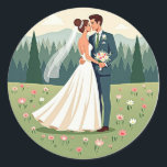 Romantic Wedding Sticker Runt Klistermärke<br><div class="desc">Cozy illustration of a bride and groom embracing with a bouquet amidst a floral meadow and serene forest backdrop.</div>