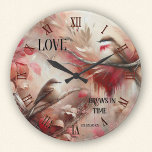 Romantic Whimsical Love birds Rund Klocka<br><div class="desc">Väggklocka med en vismisk målning av två söta fåglar i varmt färg. De klassiska latinska klocknumren kan tas bort om du inte behöver dem. Vacker för den romantiska själen eller som en bröllop eller en årsjubileum.</div>