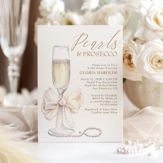 Romantic White Bow Pearls & Prosecco Möhippa Inbjudningar (Pearls and Prosecco Bridal Shower Invitation with Bow)