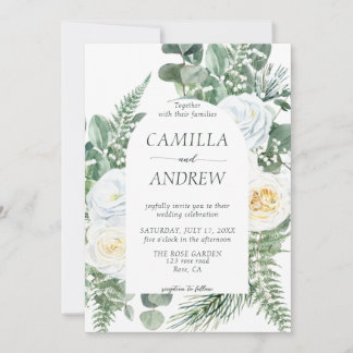 Romantic White Flowers och Greenery Bröllop Inbjudningar