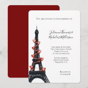 Romantic White Red Hearts Eiffel Torn Bröllop Inbjudningar