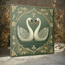 Romantic White Swan Couple Art Deco Pond Green Sea Kakelplatta