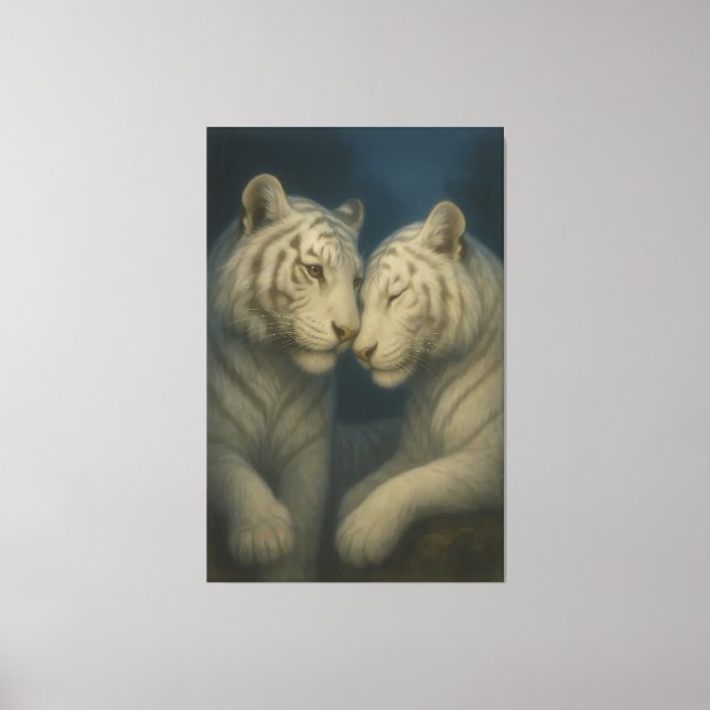 Romantic White Tiger Couple – Moonlit Soft Blue Fi Canvastryck (Framsida)