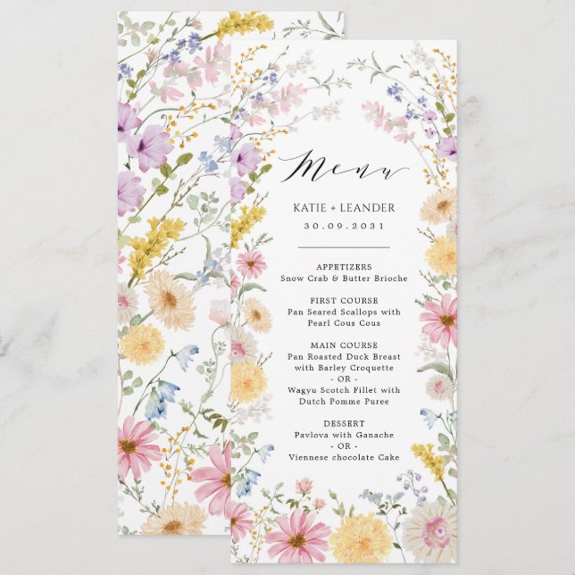 Romantic Wildflower Meadow Wedding Menu Card Inbjudningar (Fram/baksida)
