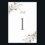 Romantic Winter Greenery Bröllop Bordsnummer<br><div class="desc">Ett romantiskt kort för bröllop-bordsnummer med elegant,  försett med en fantastisk mjuk grönt och rödvattensfärgad vinter,  botanisk design och klassisk kalligrafi.</div>