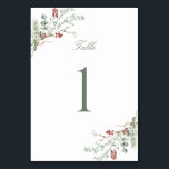 Romantic Winter Greenery Bröllop Bordsnummer<br><div class="desc">Ett romantiskt kort för bröllop-bordsnummer med elegant,  försett med en fantastisk mjuk grönt och rödvattensfärgad vinter,  botanisk design och klassisk kalligrafi.</div>