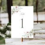 Romantic Winter Greenery Bröllop Bordsnummer<br><div class="desc">Ett romantiskt kort för bröllop-bordsnummer med elegant,  försett med en fantastisk mjuk grönt och rödvattensfärgad vinter,  botanisk design och klassisk kalligrafi.</div>