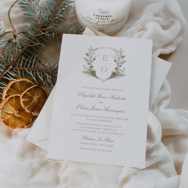 Romantic Winter Greenery Monogram Vapensköld Bröll Inbjudningar (Skapare uppladdad)