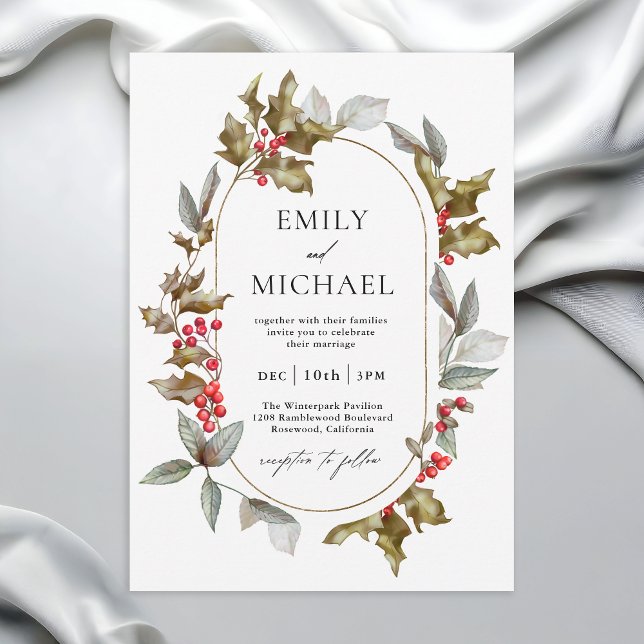 Romantic Winter Holly och Berrie Botanical Bröllop Inbjudningar (Available in both printed and instant download digital formats.)
