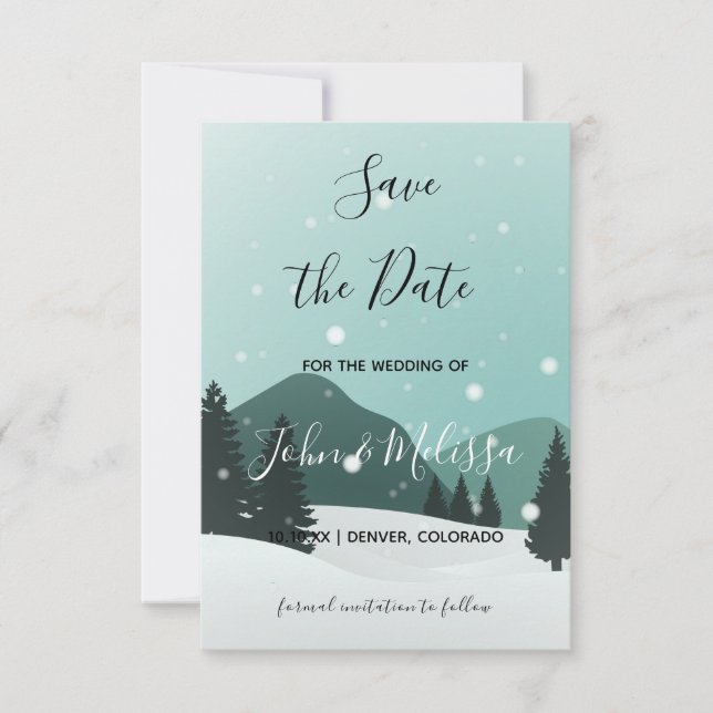 Romantic Winter Wedding Snowy Forest & Mountains Spara Datumet (Framsida)