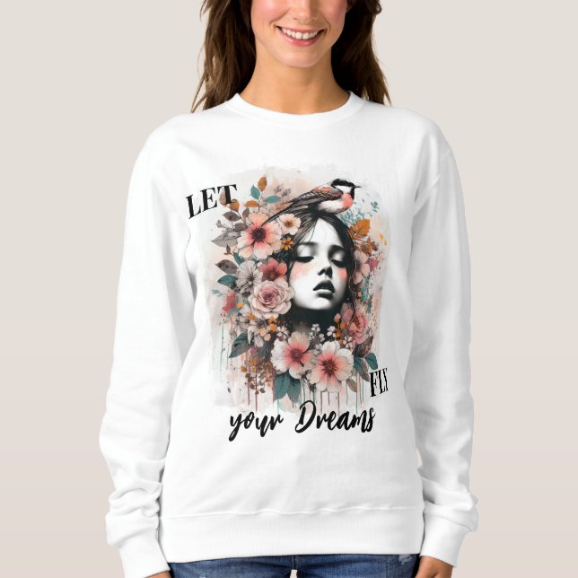 Romantic Woman, Bird, and Floral Inspiration T Shirt (Framsida)
