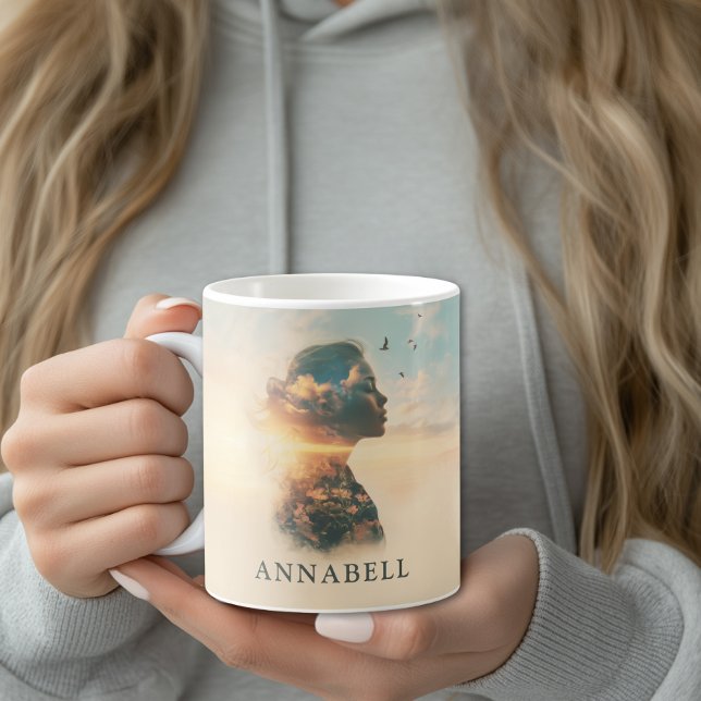 Romantic Woman Nature Silhouette Anpassningsbar Kaffemugg (Romantic Woman Nature Silhouette Custom Coffee Mug with your Name or Text)