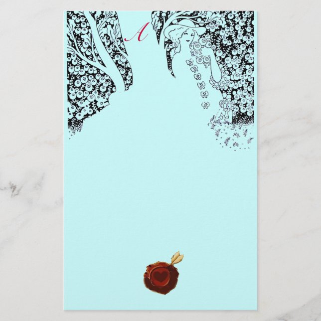 ROMANTIC WOMAN Red Vax Seal Monogram Aqua Blue Brevpapper (Framsida)