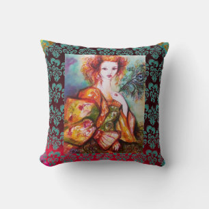 ROMANTIC WOMAN,SPARKLING PEACOCK FEATHER Burgundy Kudde