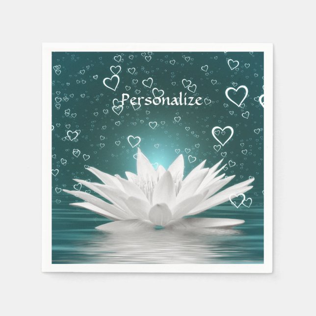 Romantic Zen White Lotus & Hearts Personalize Pappersservett (Framsidan)