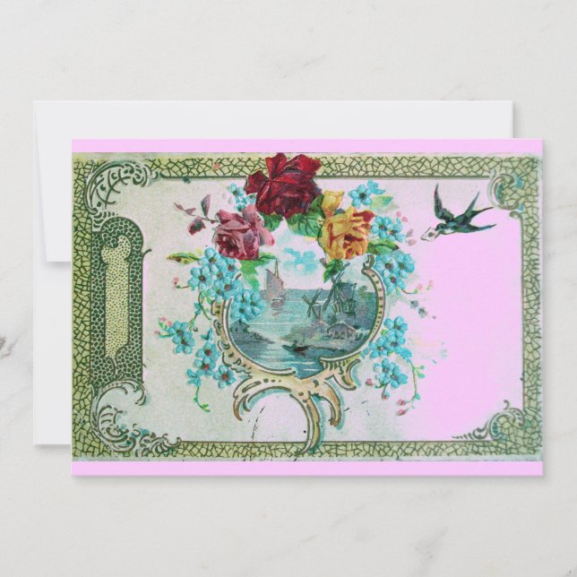 ROMANTICA 3 Blommig Blå Rosa Bröllop Fest Inbjudningar (Framsida)