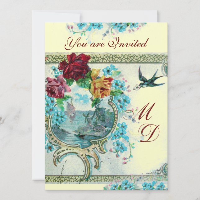 ROMANTİCA 3 ELEGANT GULD BLUE BRÖLLOP MONOGRAM INBJUDNINGAR (Framsida)