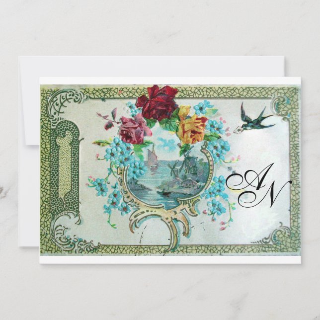 ROMANTİCA 3 MONOGRAM,Blå vit Bröllopsfest Inbjudningar (Framsida)