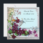 ROMANTICA 4 MONOGRAM, blå Inbjudningar<br><div class="desc">Elegant-, klass-, vibrations- och klassisk blommigt. Lila pansier, blommor, fåglar och en kvarn i ett vitt vinterlandskap .Digital grafisk framställning i vintage stil av Bulgan Lumini (c) . Enkel att anpassa med din initialer och egen text som bröllopsfest, /ceremonialkort / platskort / spara-datumkort /favors / tackkort / möhippor / babyduschar...</div>