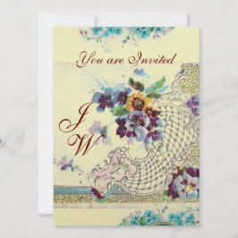 ROMANTICA Blommigt Blue Rosa White Bröllop Monogra Inbjudningar