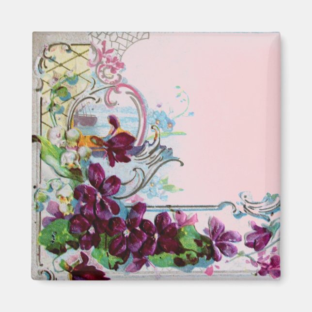 ROMANTICA Blommönster Lila penséer Rosa Magnet (Framsidan)