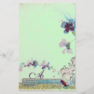 ROMANTİCA Blue Grönt Bröllop Blommigt Monogram Brevpapper