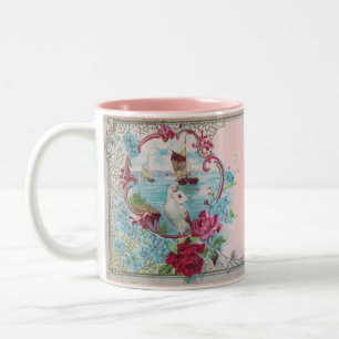ROMANTICA,BLUE GRÖNT ROSA BLOMMIGT RO MED DOVE Två-Tonad MUGG