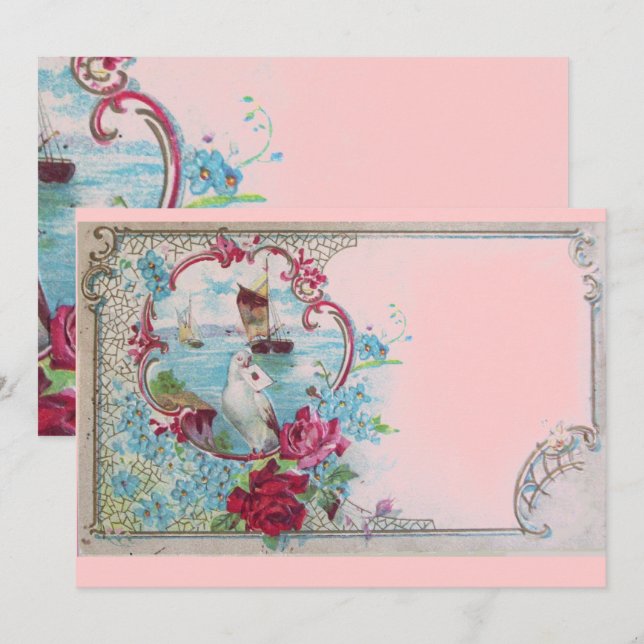 ROMANTICA Elegant Blommigt Blue Rosa Bröllopsfest Inbjudningar (Fram/baksida)