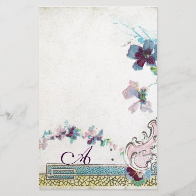 ROMANTİCA Elegant bröllop Flowers,Pansies Monogram Brevpapper (Framsida)