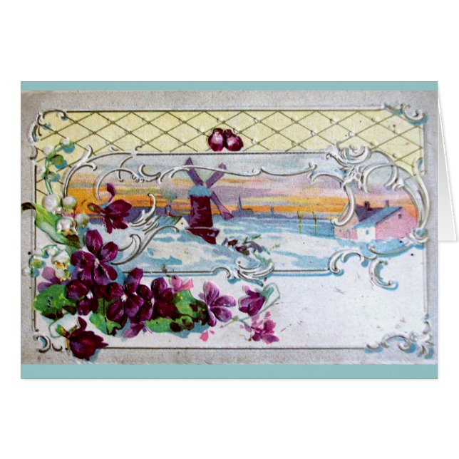 ROMANTICA /KVARN I SNÖ,PANSIER,SNOWDROPS HÄLSNINGSKORT (Framsidan Horizontal)