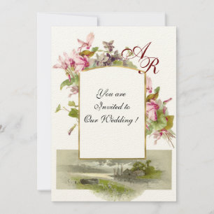ROMANTİCA MONOGRAM /CYCLAMENS,rosa grönt filt Inbjudningar